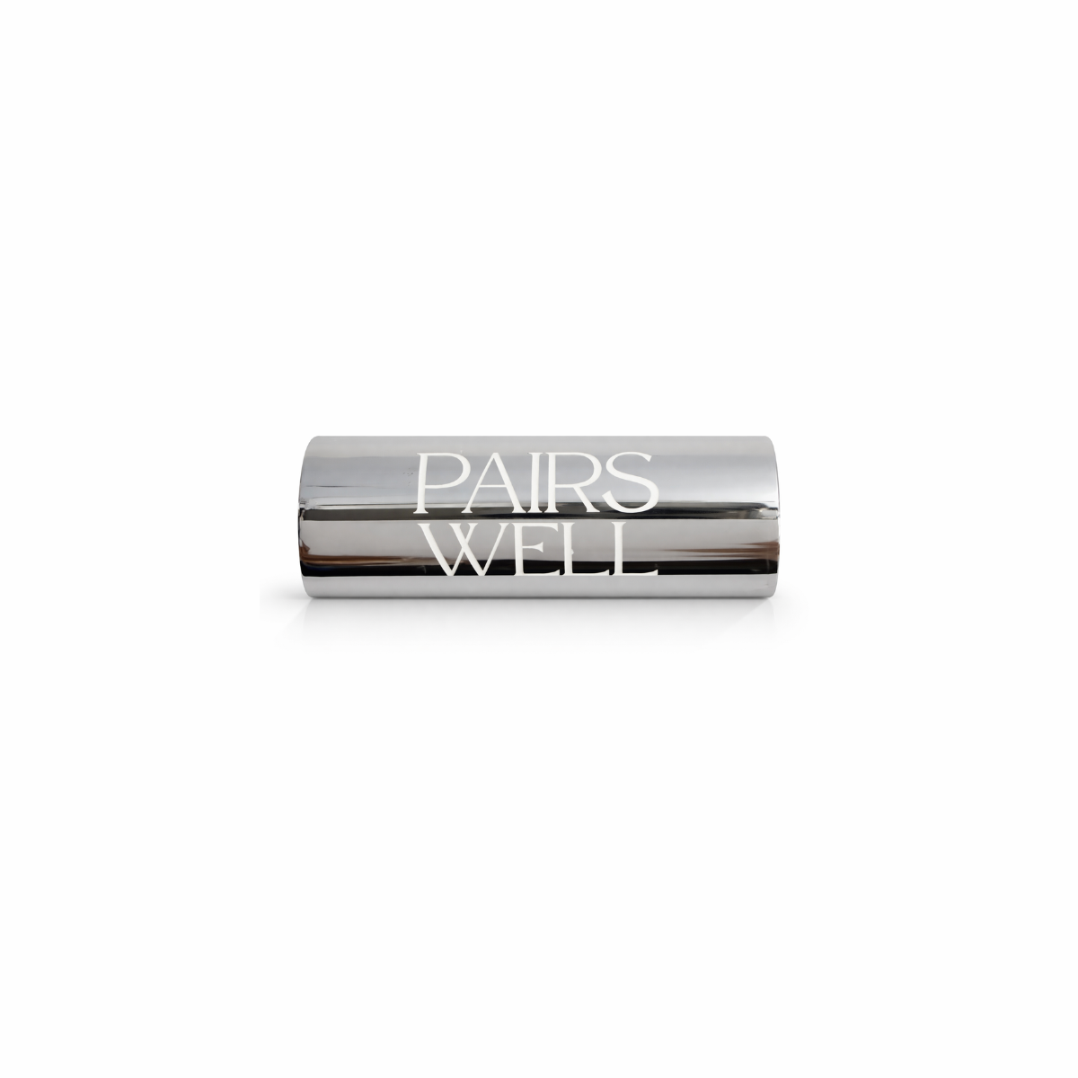 Silver middle piece to connect glass bottles that reads Pairs Well